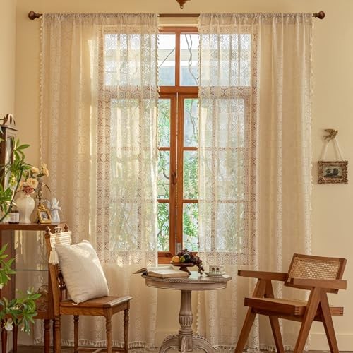Boho Lace Curtain with Geometric Leaf Floral 60"W x 84"L (Pack of 1) Beige gallery