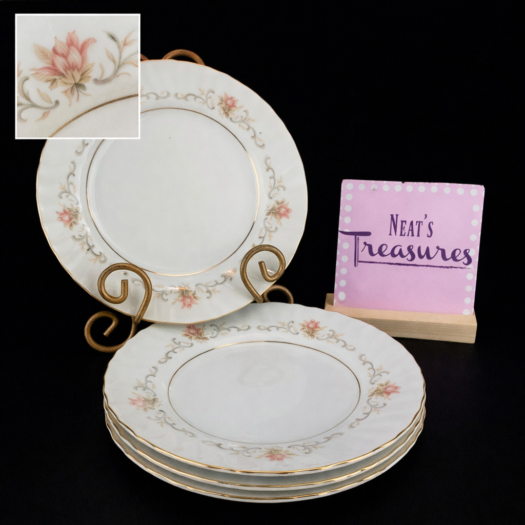MCM Harmony House ROSEMONT Pink Roses Gray Swirl Rim Gold Salad Plates Set of 4 gallery