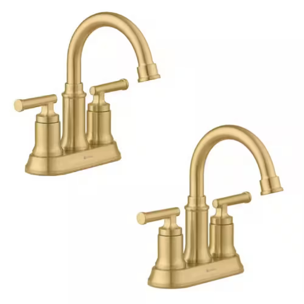 Oswell 4 In. Centerset Double Handle High Arc Bathroom Faucet in Brushed Gold (2 gallery