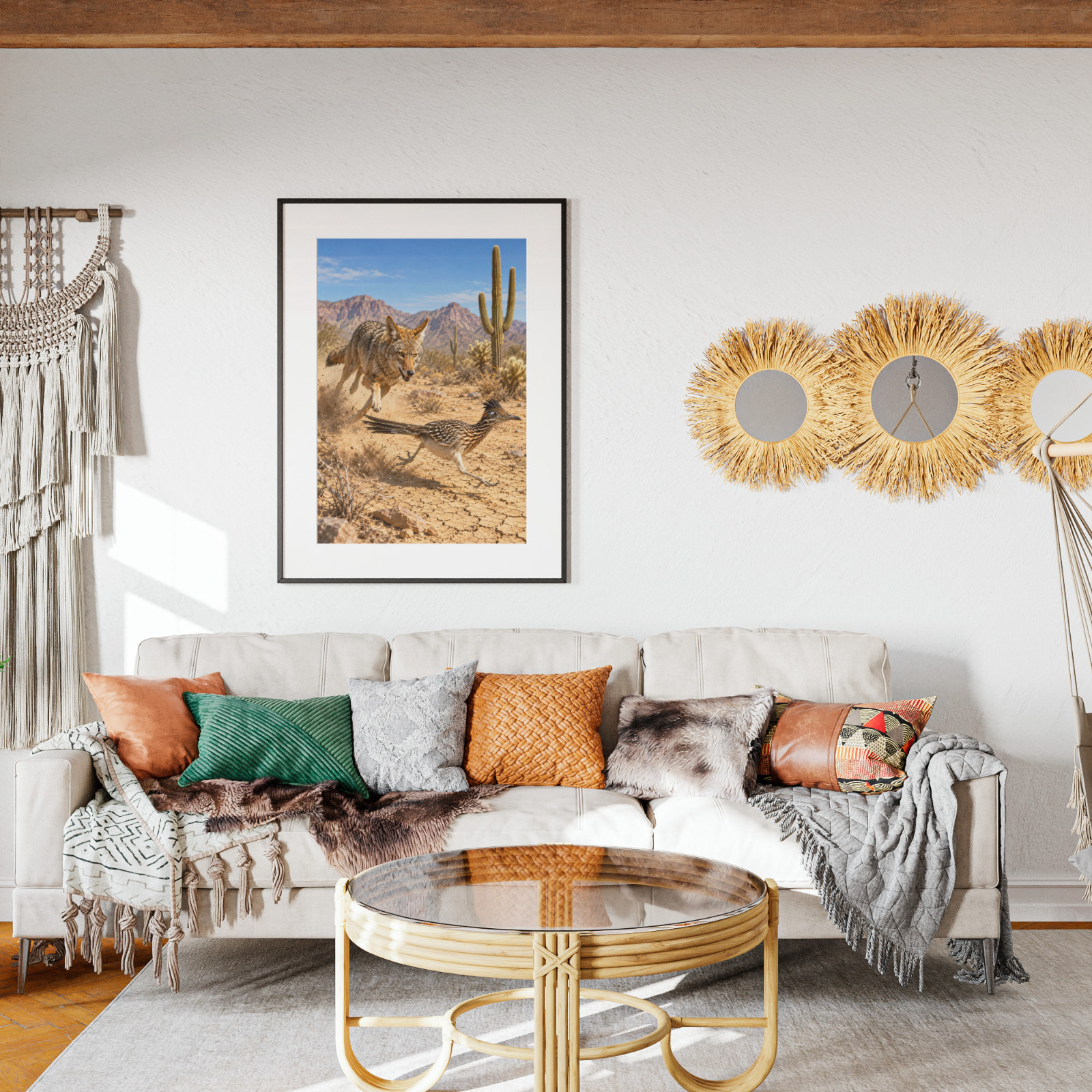 Coyote Chasing Roadrunner Poster Realistic Desert Saguaro Cactus Wall Art Print gallery