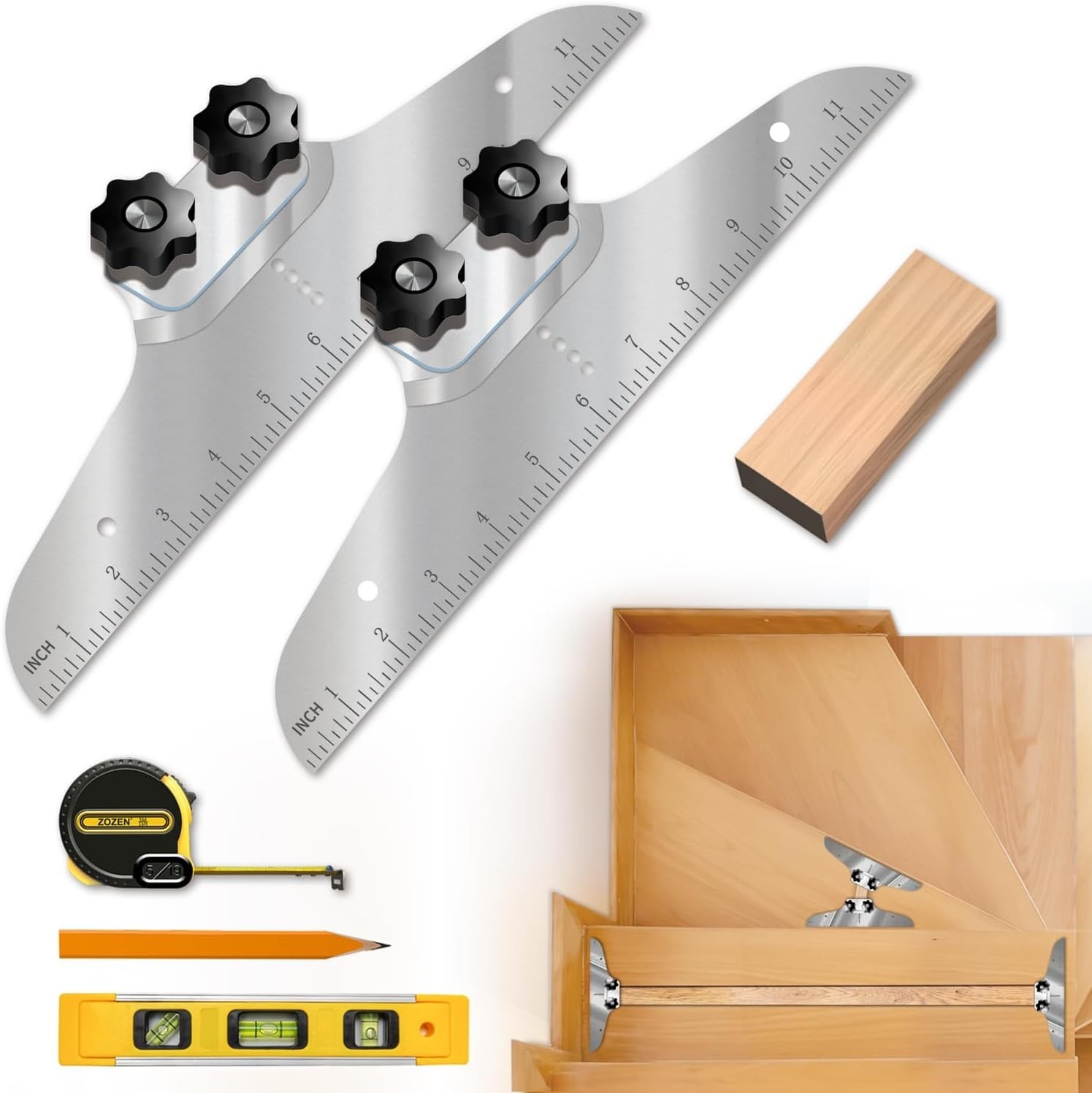 Stair Tread Template Tool Set Adjustable Measuring Jig w Level Tape gallery