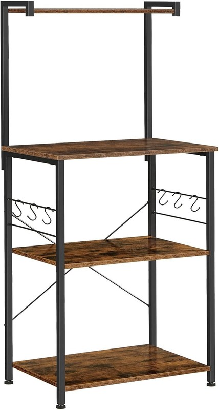 Rustic Brown & Black 3-Tier Bakers Rack with 6 S-Hooks - Stylish Kitchen Storage gallery