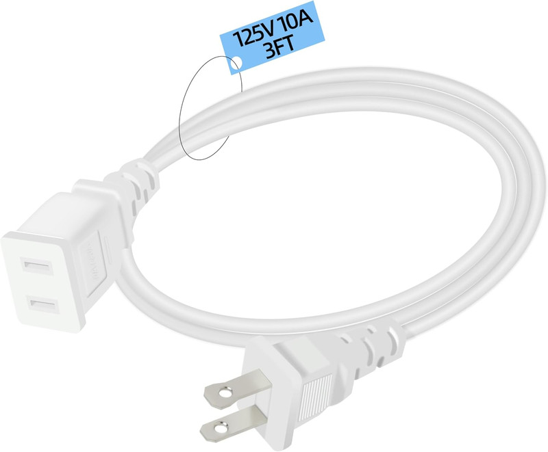 Small 3FT White Flat Extension Cord 2-Prong Polarized Light-Duty Power Cable,... gallery