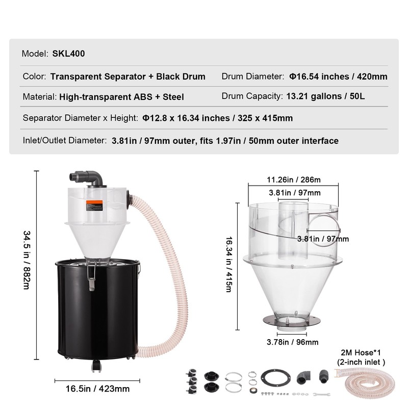 VEVOR 4 Inch Cyclone Separator Dust Collector with 13 Gallon 50L Drum Kit gallery
