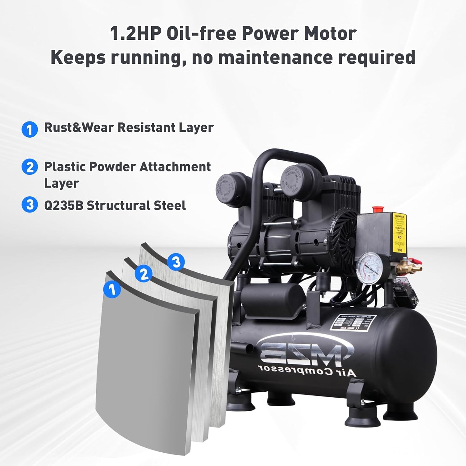 Quiet Compressor 2.4Gal 115PSI 70dB Oil Free MZB gallery