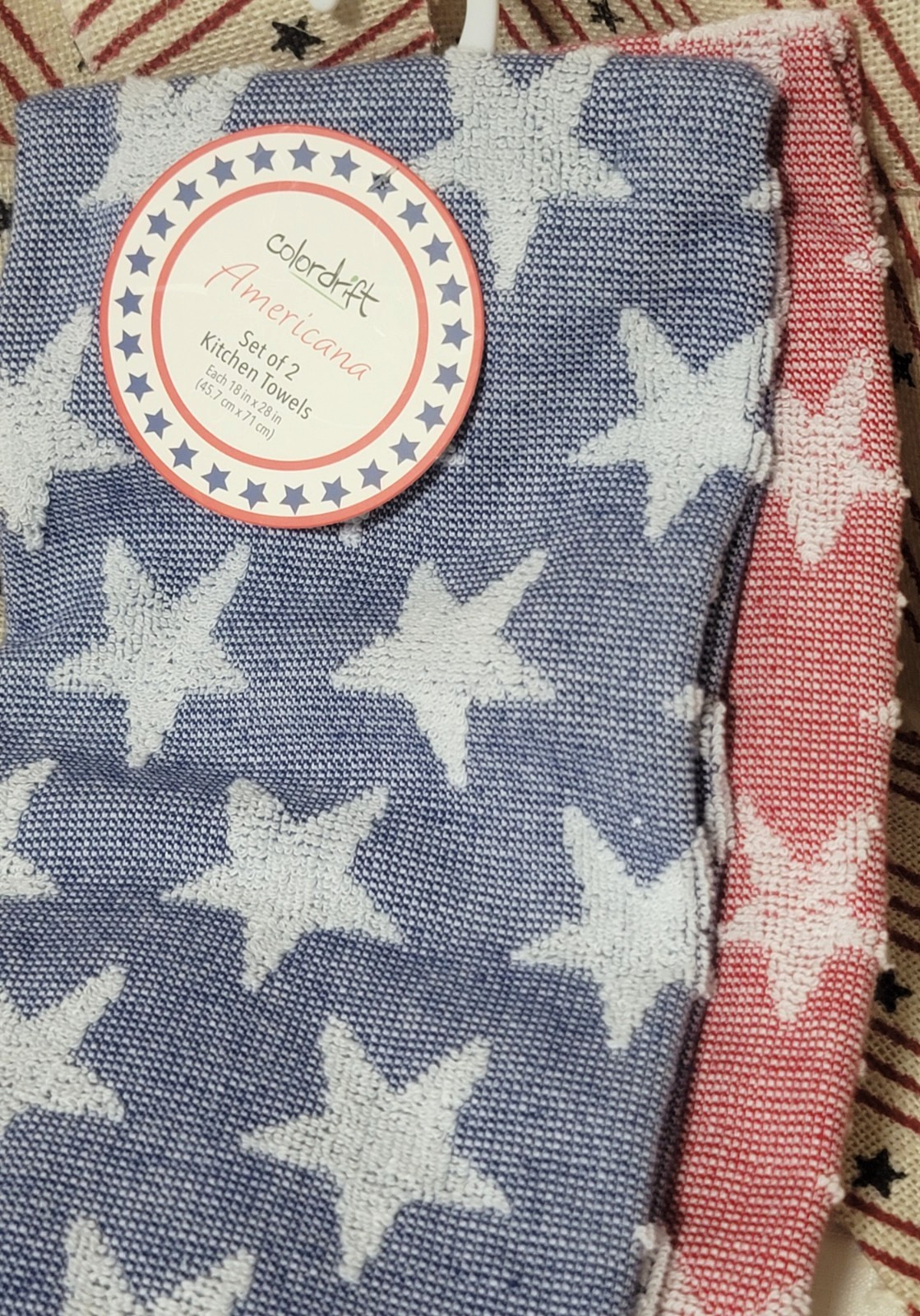 NWT 2 COLORDRIFT KITCHEN TOWELS EMBOSSED STARS IN RED BLUE 18 X 28 100% COTTON gallery