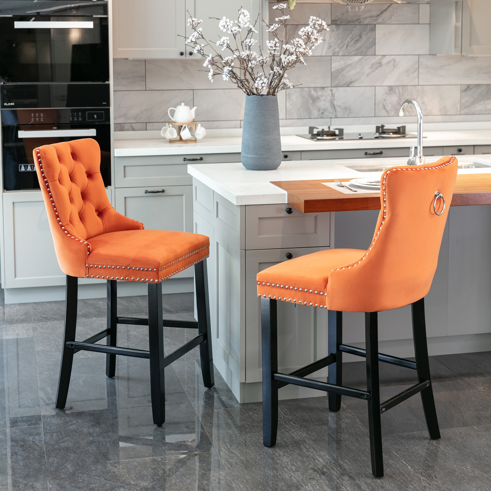 Contemporary Velvet Upholstered Barstools with Button Tufted Decoration and Wo gallery