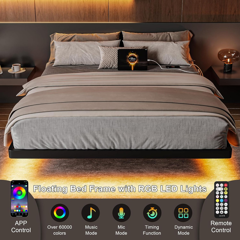 Full Size Floating Bed Frame with Charging Station and Led Lights, Metal Bed Fra gallery