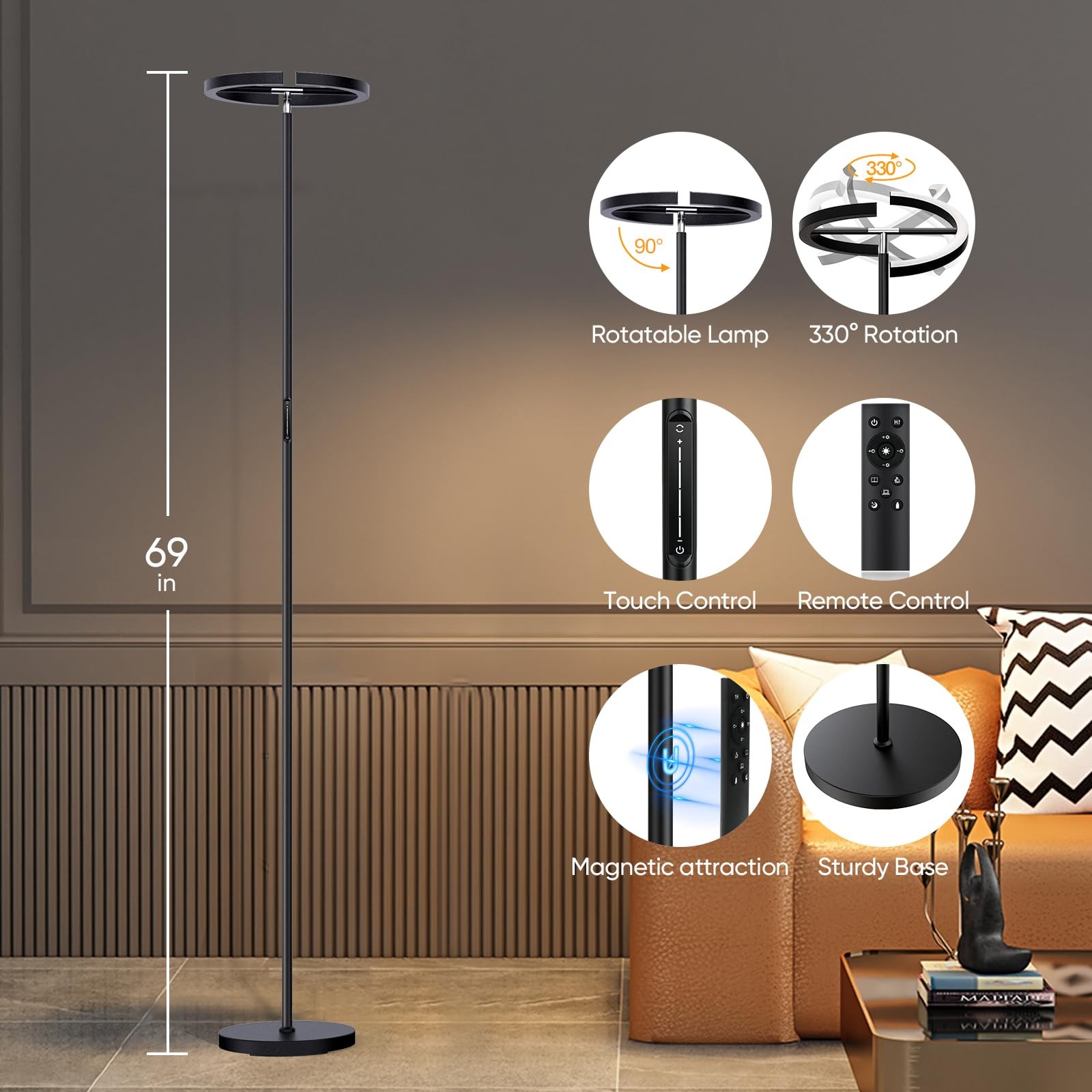 LED Floor Lamp Rotatable 22W Dimmable Touch Remote 3000-6000K Black SIBRILLE gallery