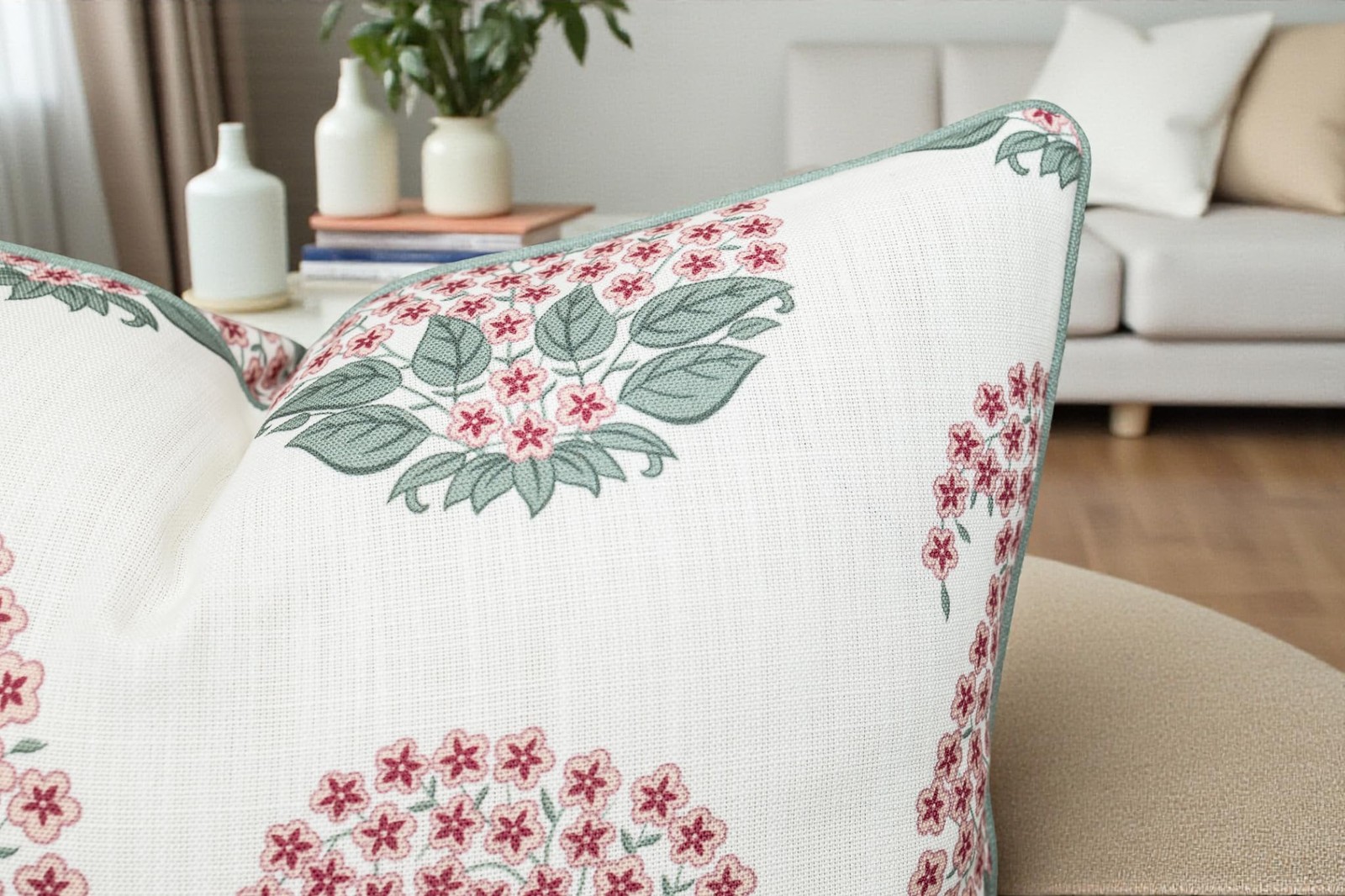 Indian Block Print 20x20 Inch Throw Pillow Cover - Pink Sage Floral Buti Moti... gallery