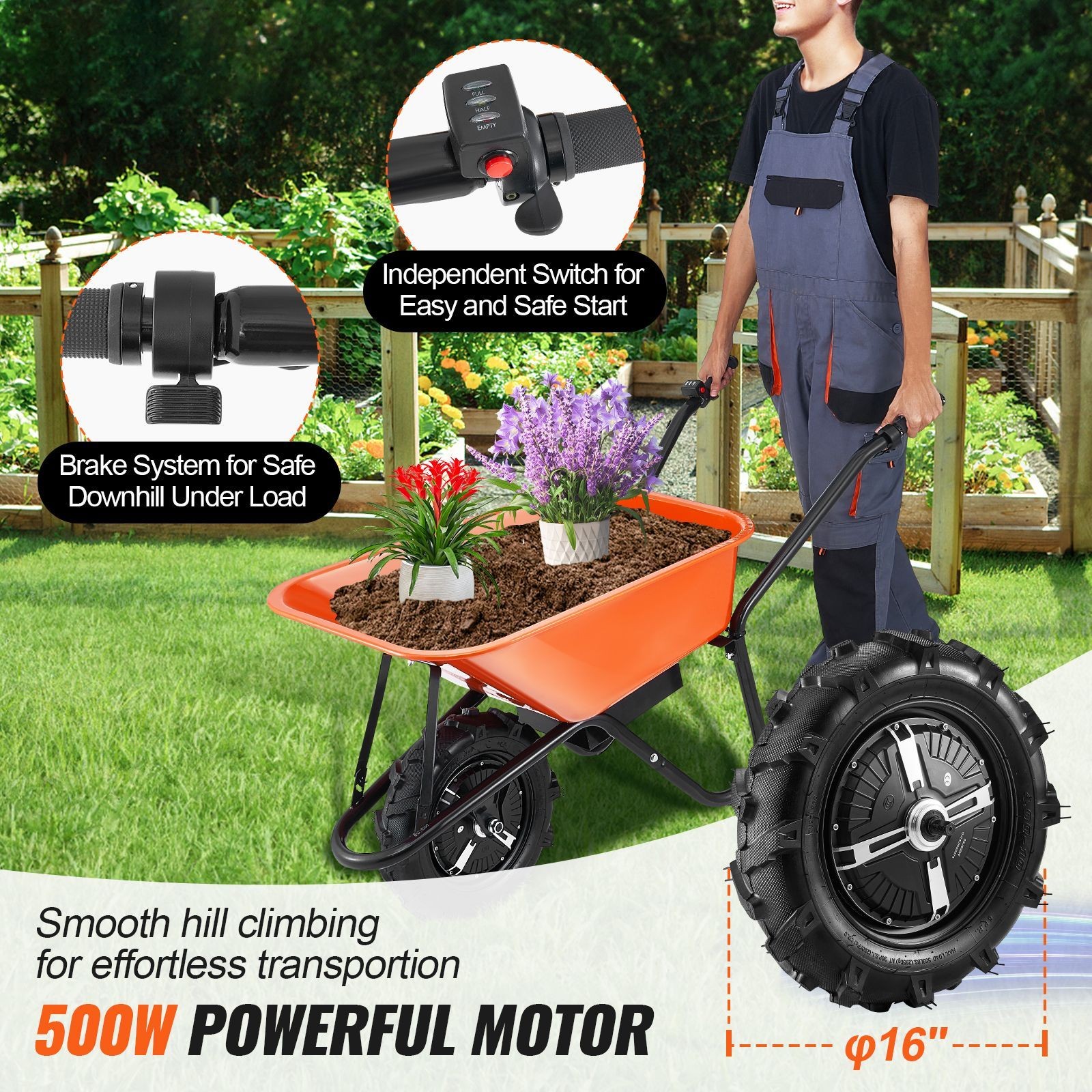 500W Electric Wheelbarrow 330lbs 4 cu ft 16in Rubber Tires gallery