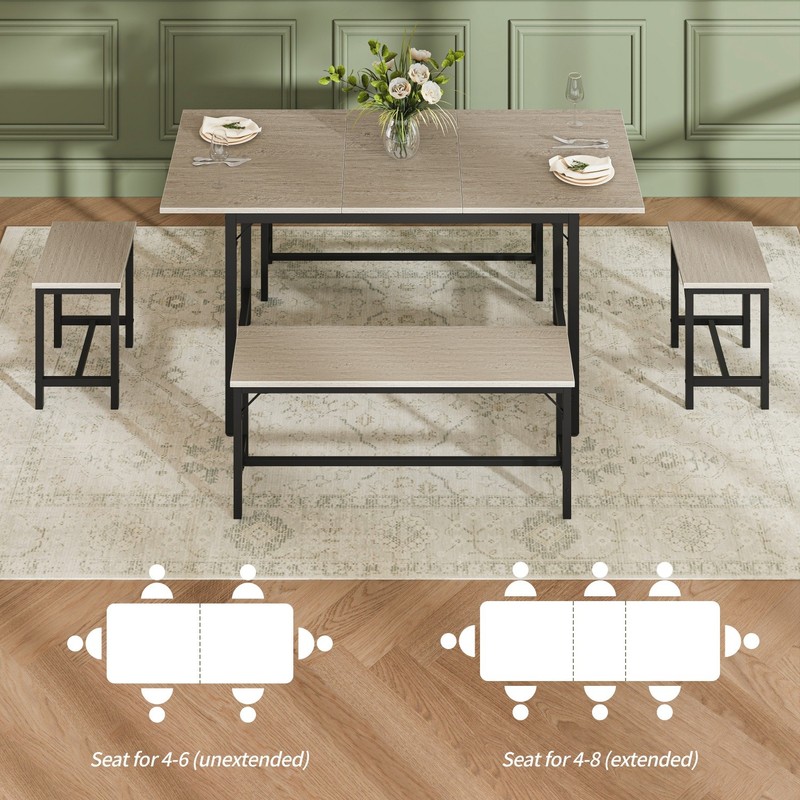 5 Piece Extendable Dining Table Set Wood Tabletop Steel Frame 2 Benches 2 Stools gallery