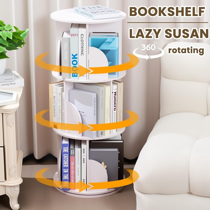 Space-Saving 360° Rotating Bookcase - Waterproof White Storage for Home & Office gallery