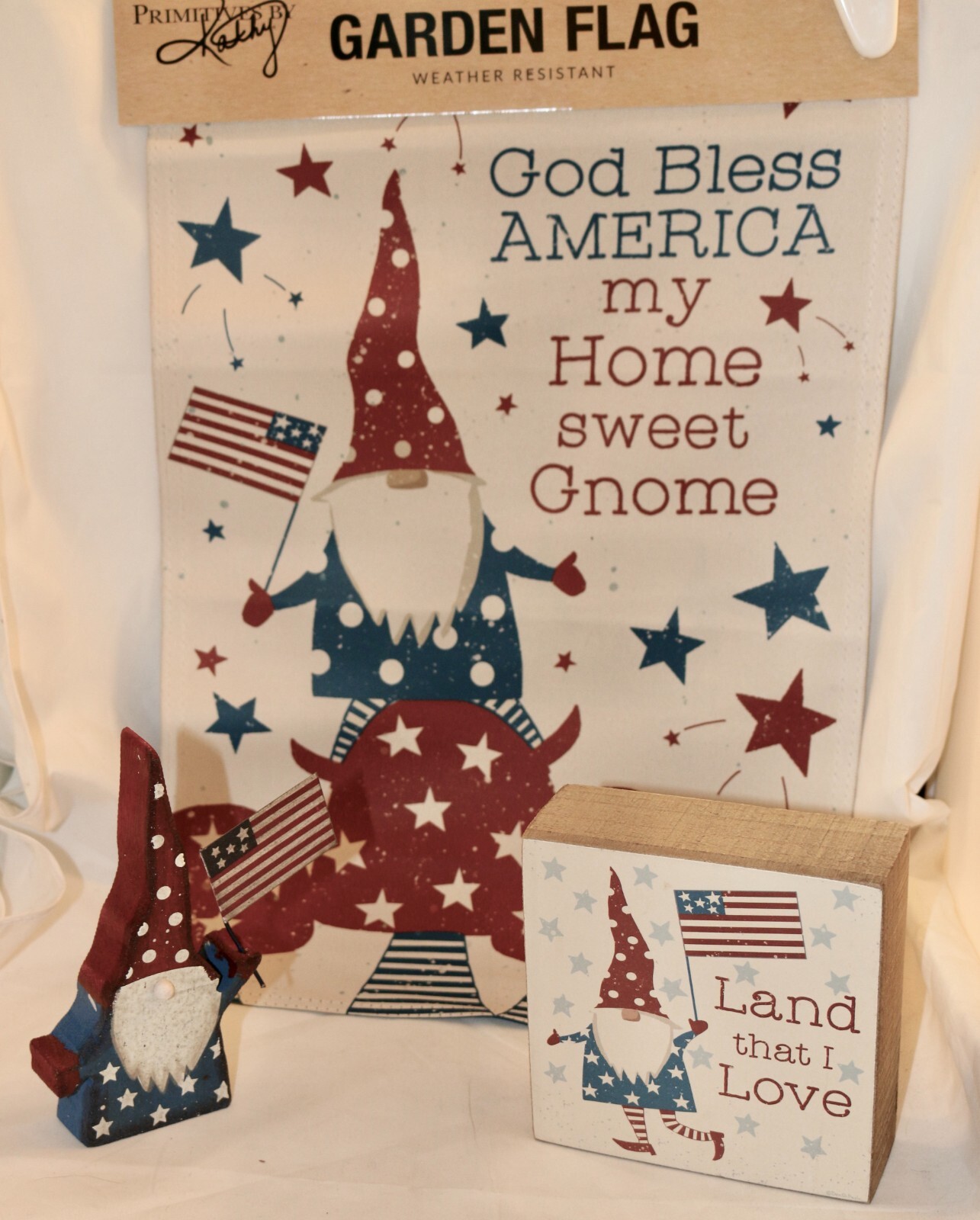 Primitives by Kathy Patriotic Gnome Lot 3 July 4th Flag Sign Sitter Home Decor gallery