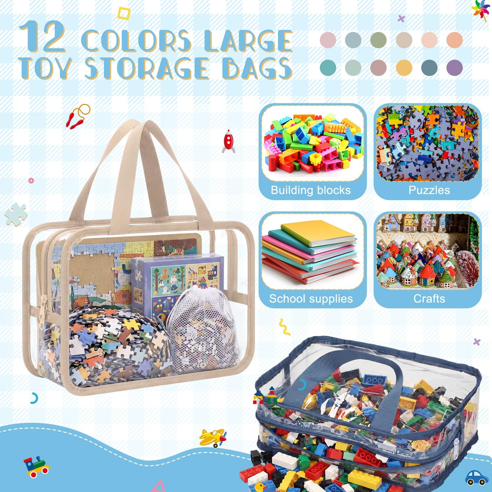 12 Pack Large Toy Storage Bags with Labels, Reusable Clear PVC Toy Organizer ... gallery