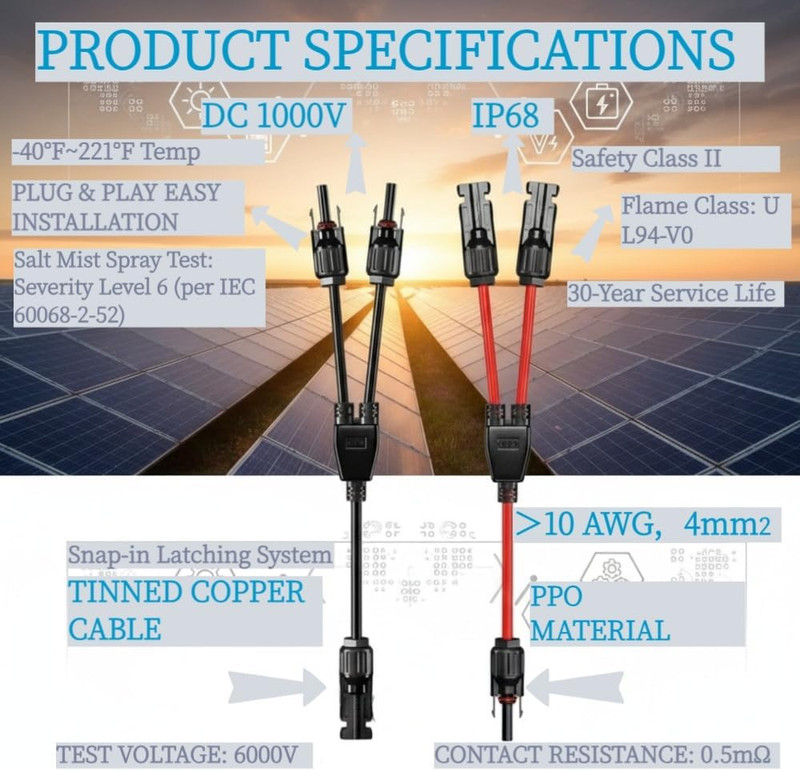 Solar Connectors Y Branch Parallel Panel Adapter Cable Wire Plug Tool Kit for PV gallery