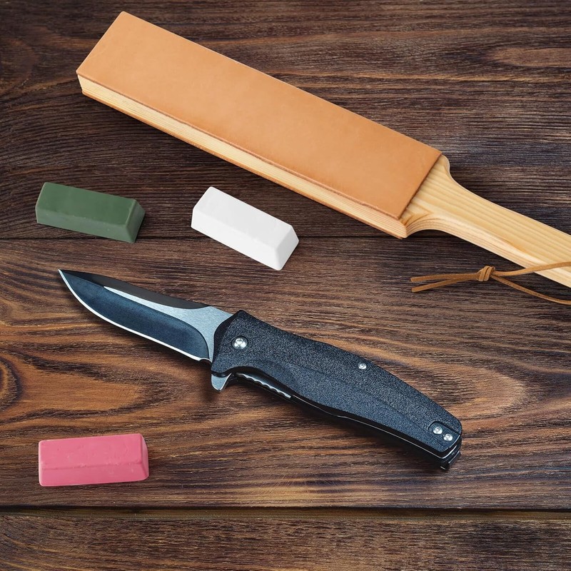 ANGERSTONE Double Side Leather Strop for Knife Sharpening - 14"x 2" Stropping gallery