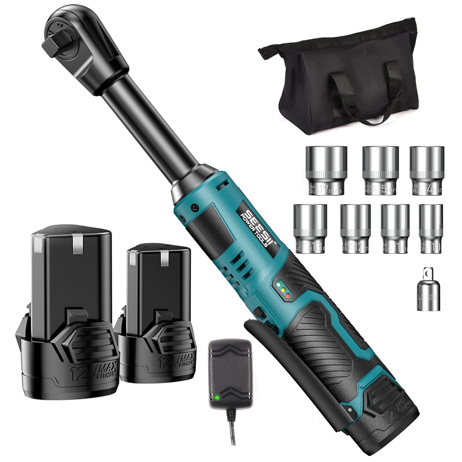 Seesii 3/8" Electric Cordless Extended Ratchet Wrench 40Ft-lbs 6" Long Reach gallery
