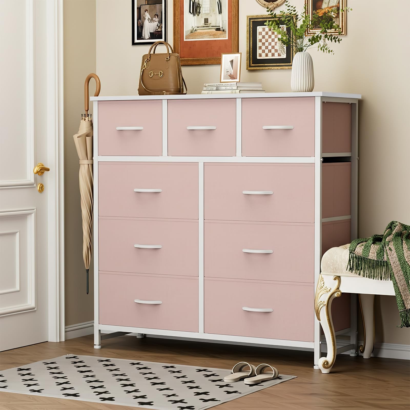 Fabric Dresser 9 Drawer Storage Tower Pink Wood Top Steel Frame CAB-9BC Chest gallery