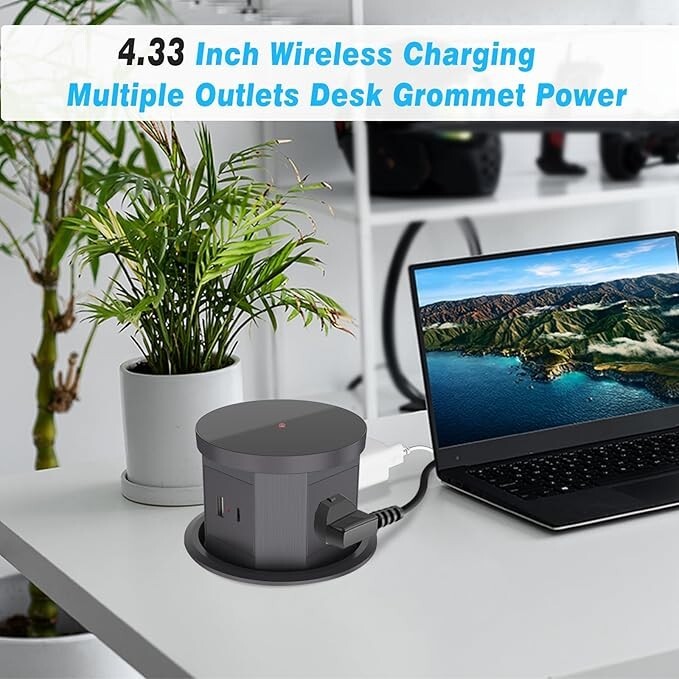 Automatic Pop Up Outlet, 4.33 inch with 15W Wireless Charger 3AC Plug USB Gray gallery