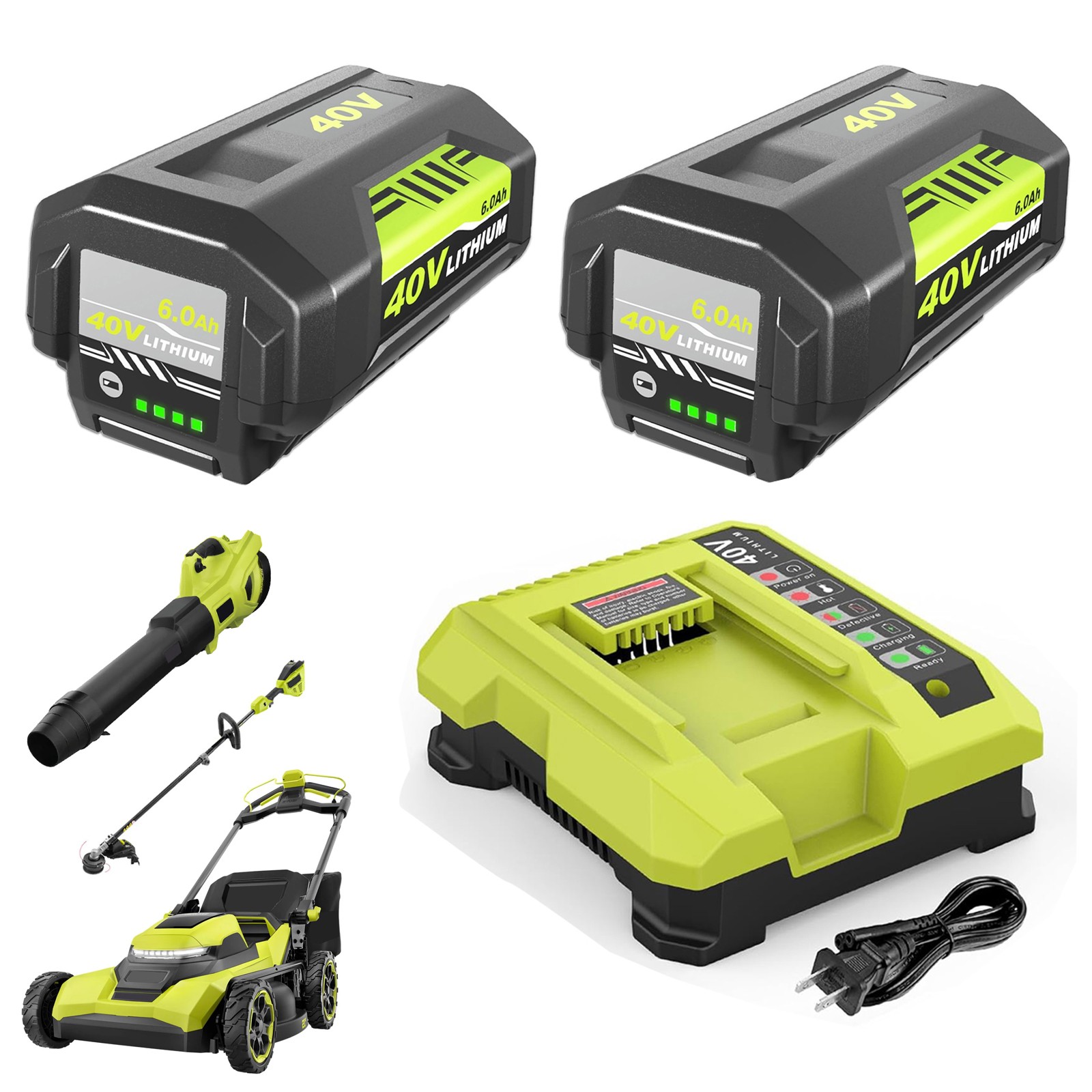 2 Pack 40V 6.0Ah Lithium Battery & Rapid Charger Kit for Ryobi 40 Volt Batteries gallery
