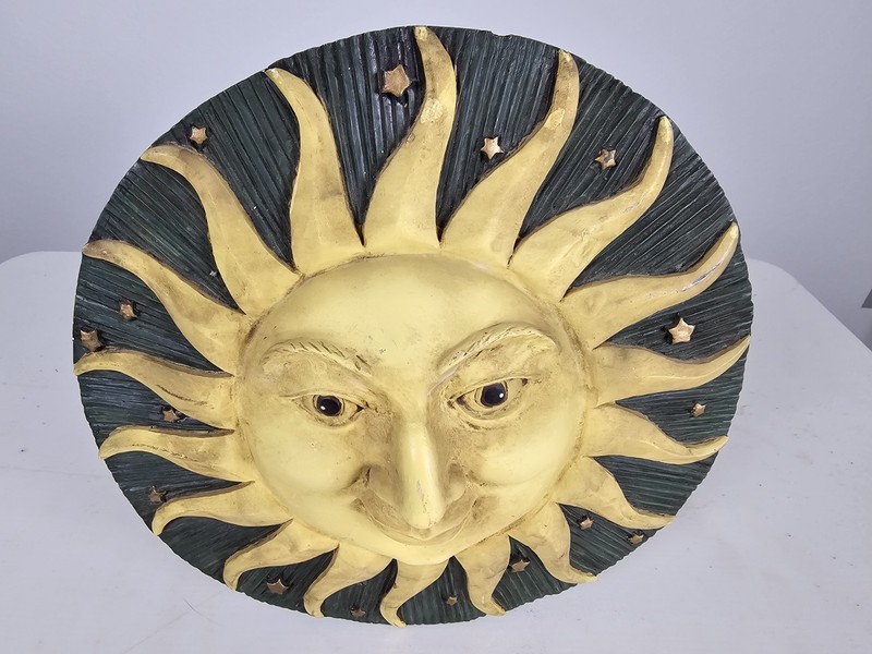 Vintage Sun Face Wall Decor 12” Round Celestial Plaque Gold Green Rustic Boho gallery