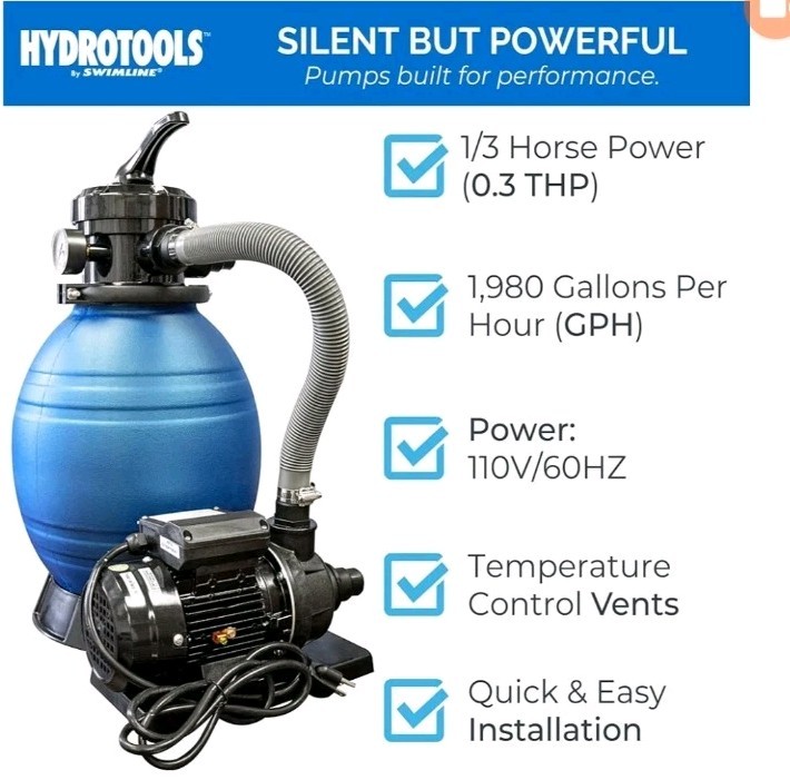 Complete HYDROTOOLS 12" Sand Filter & Pump System - Silent, 1980 GPH Performance gallery