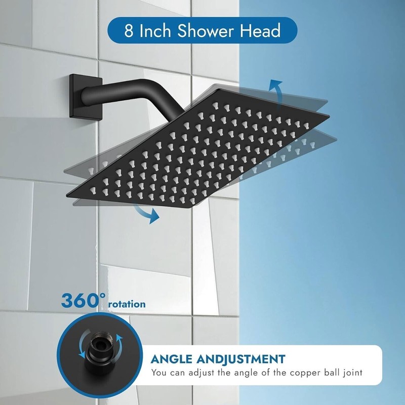 8" Rainfall Shower Head Combo System with Mixer Valve Kit Shower Faucet Black gallery