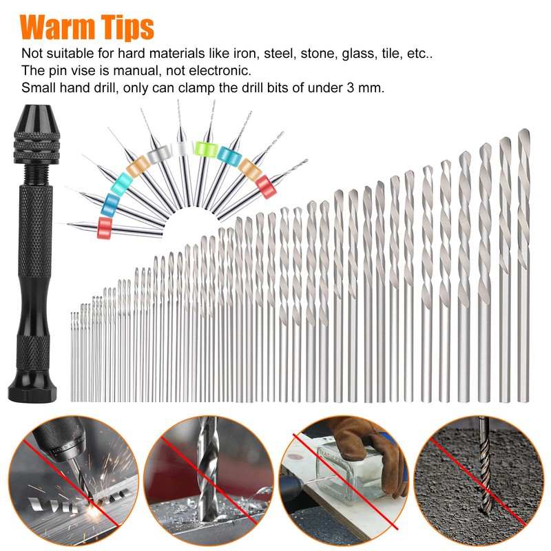 60Pcs Mini Micro Hand Drill Bits Set Small Manual Keyless Chuck Pin Vise Rotary gallery