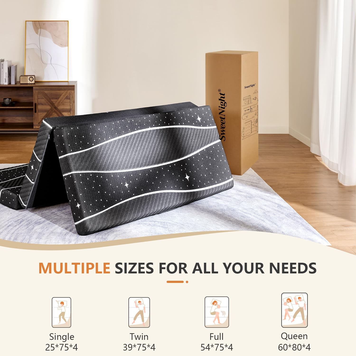Sweetnight 4 Inch Dual-Layer Foam Tri-fold Mattress Topper Single with gallery