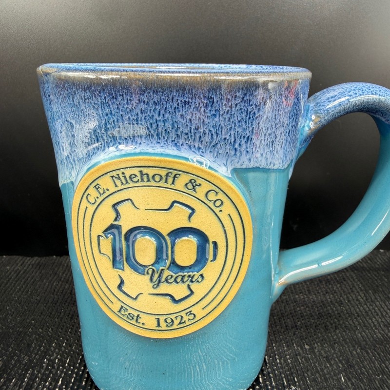 Deneen Pottery C E Niehoff & Co 100 Years Anniversary Mug Blue Teal Drip Glaze gallery