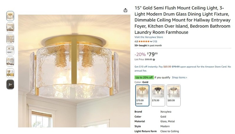 15" Gold Semi Flush Mount Ceiling Light 3-Light Drum Glass Fixture Modern- OB gallery