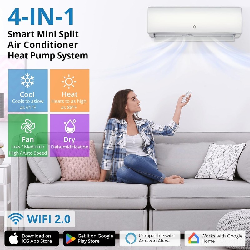 11500 BTU AC Ductless WiFi Mini Split Air Conditioner Heat Pump 17 SEER2 115V gallery