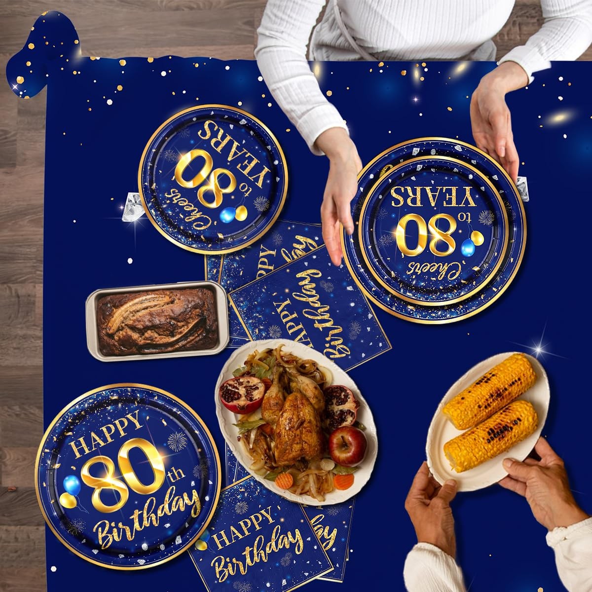 80th Birthday Decoration Men-142pcs Navy Blue and Gold Birthday Tableware Set... gallery