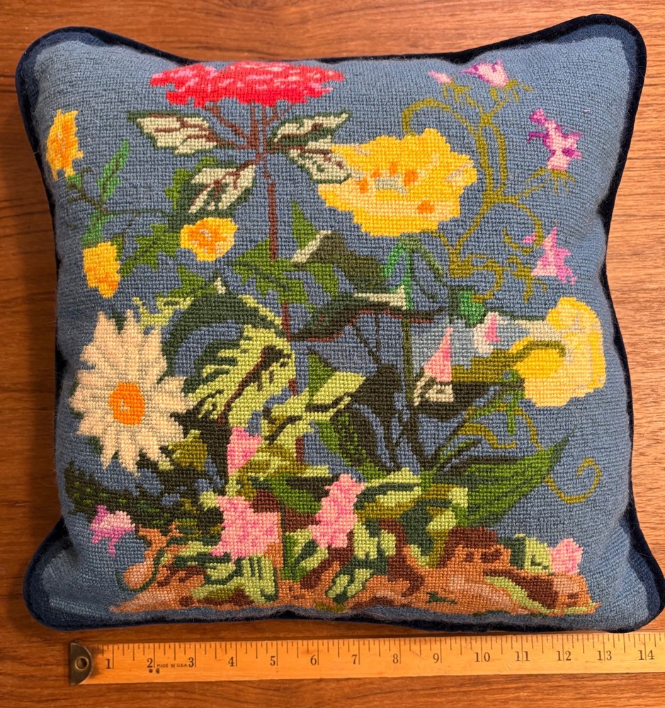vintage needlepoint accent pillow flowers on blue 12 x 12 square
