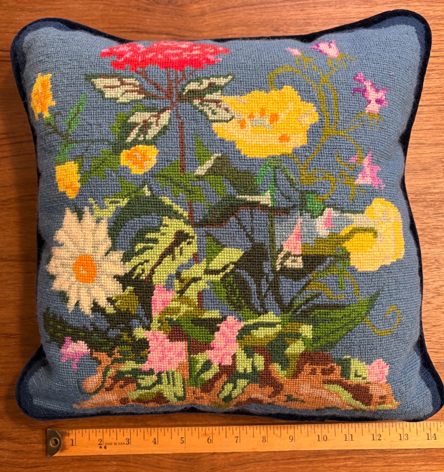 vintage needlepoint accent pillow flowers on blue 12 x 12 square gallery
