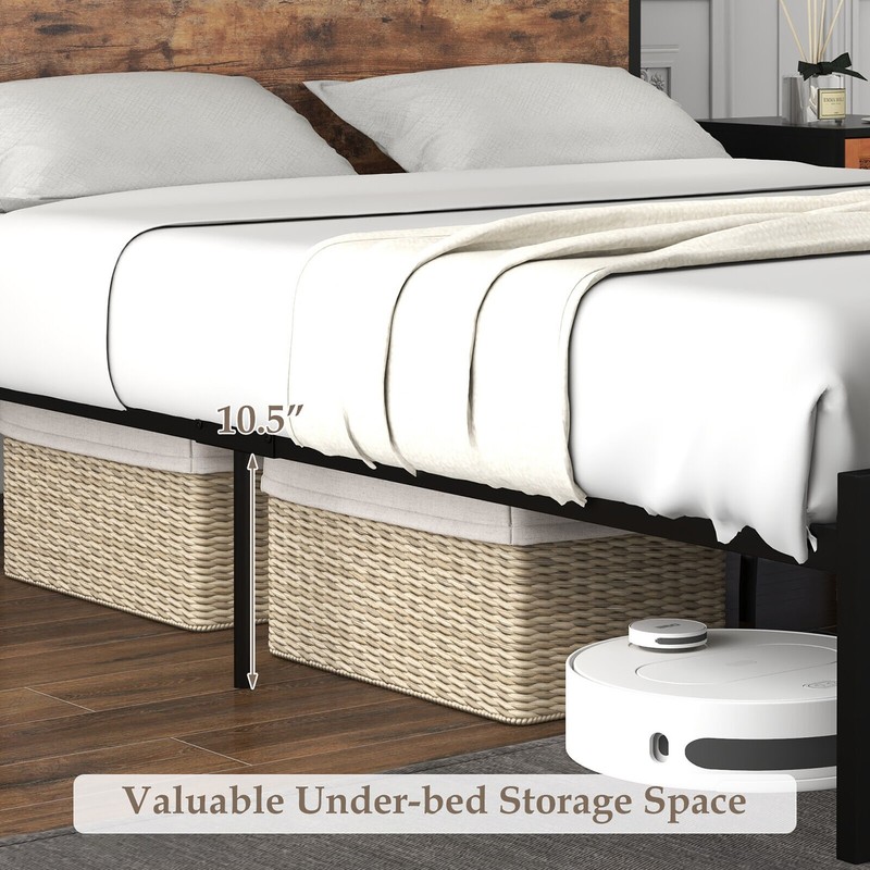 Queen Size Industrial Platform Bed Frame with Charging Station Storage Headboard gallery
