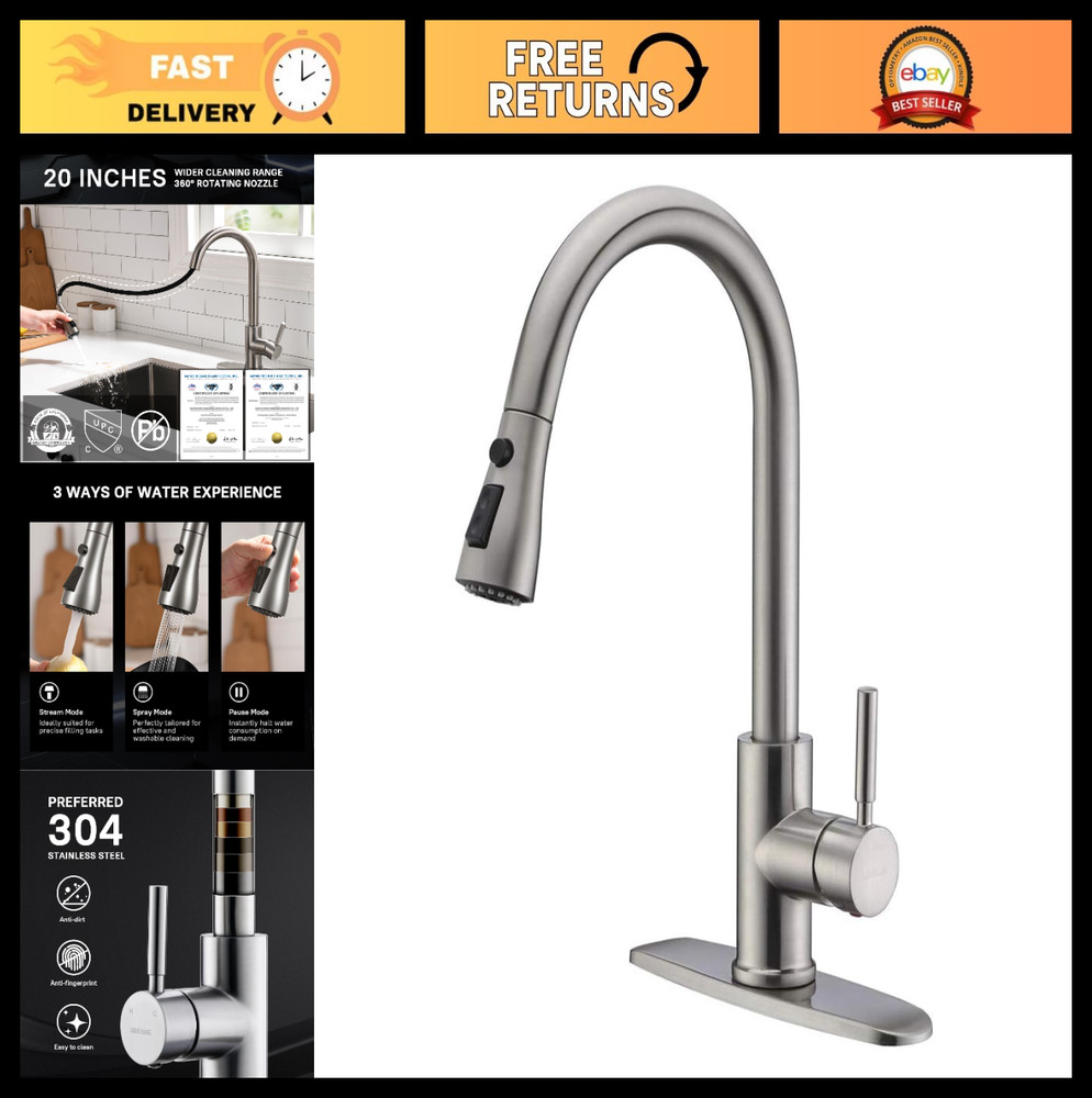 High Arc Pull Out Kitchen Faucet - Stainless Steel, Single Handle, Pull Down Spr