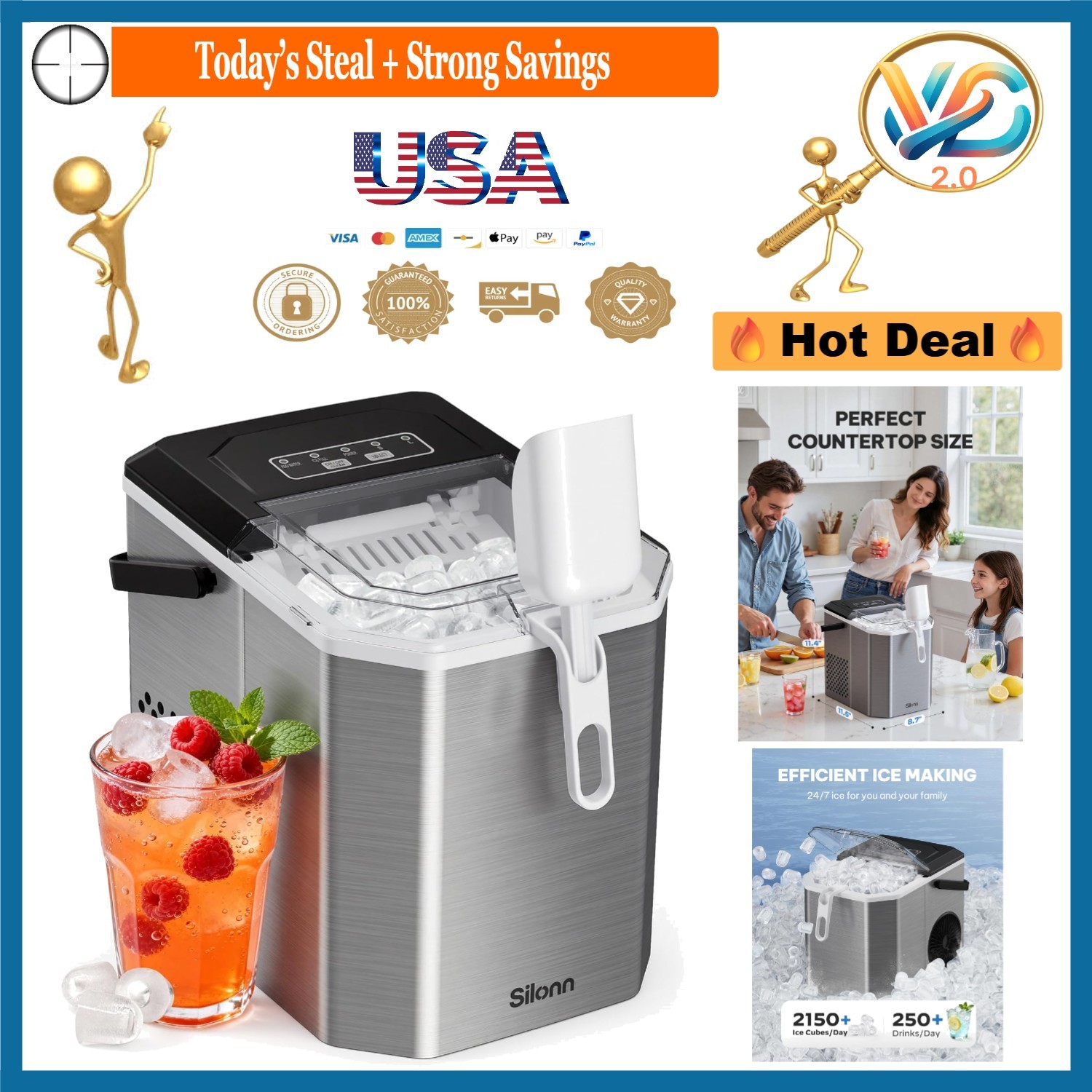 Portable Stainless Steel Countertop Ice Maker 26 lbs/Day Self-Cleaning gallery