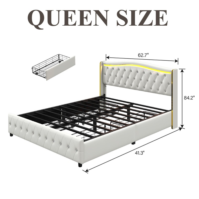 Bed Frame with upholstered headboard，4 Storage Drawers and Led,Charging station. gallery