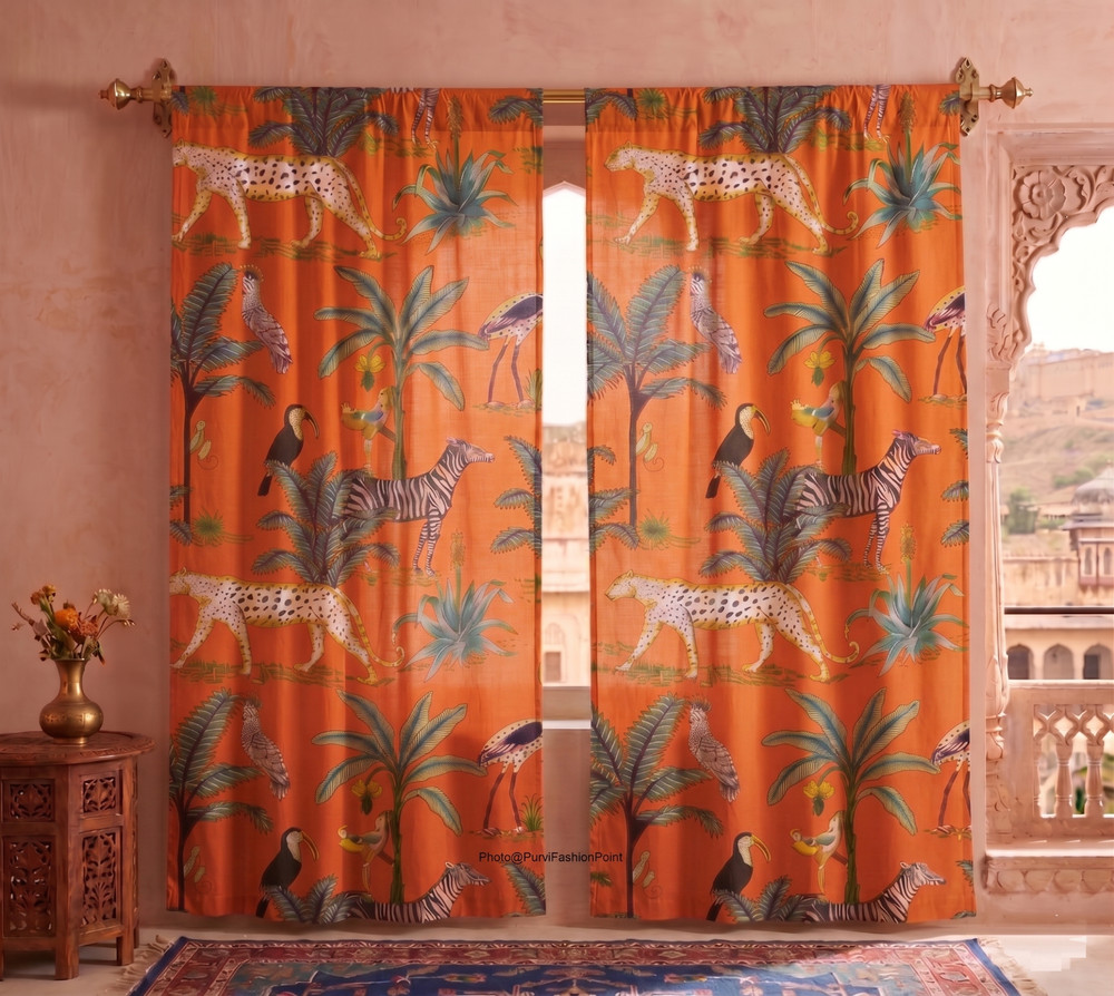 2 Pc Set indian Hand Block Printed 100% Cotton Curtain set, living room curtain