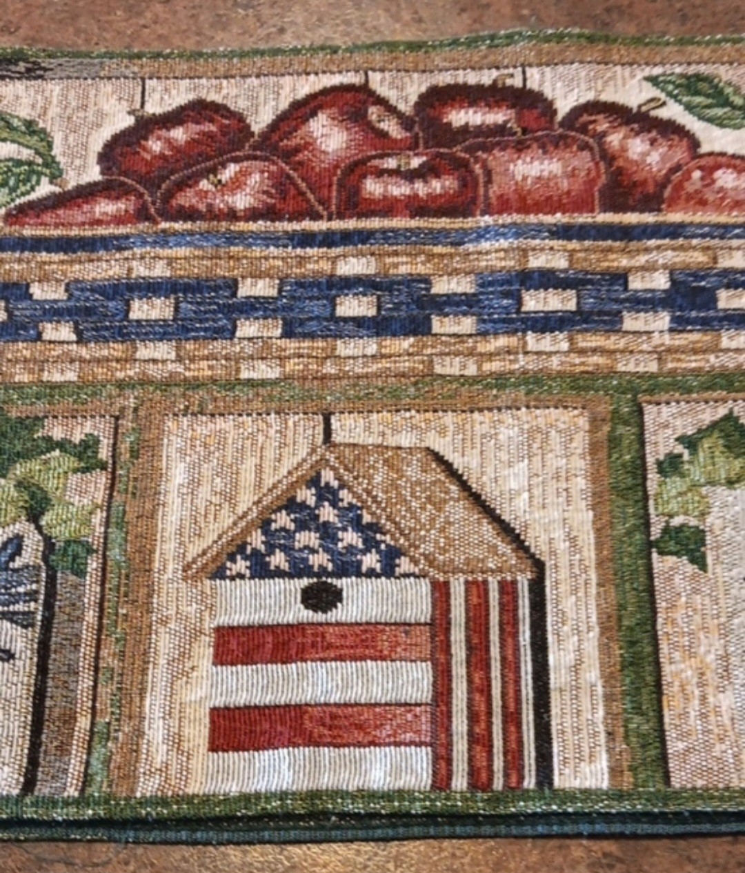 Americana Tapestry Table Runner W Apples, Baskets, Birdhouses gallery