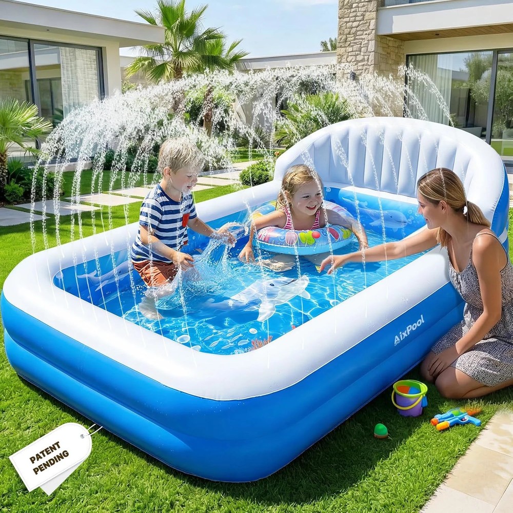 2026 Inflatable Pool with Sprinkler,Durable Blow up Pool with Big Backrest, Rect