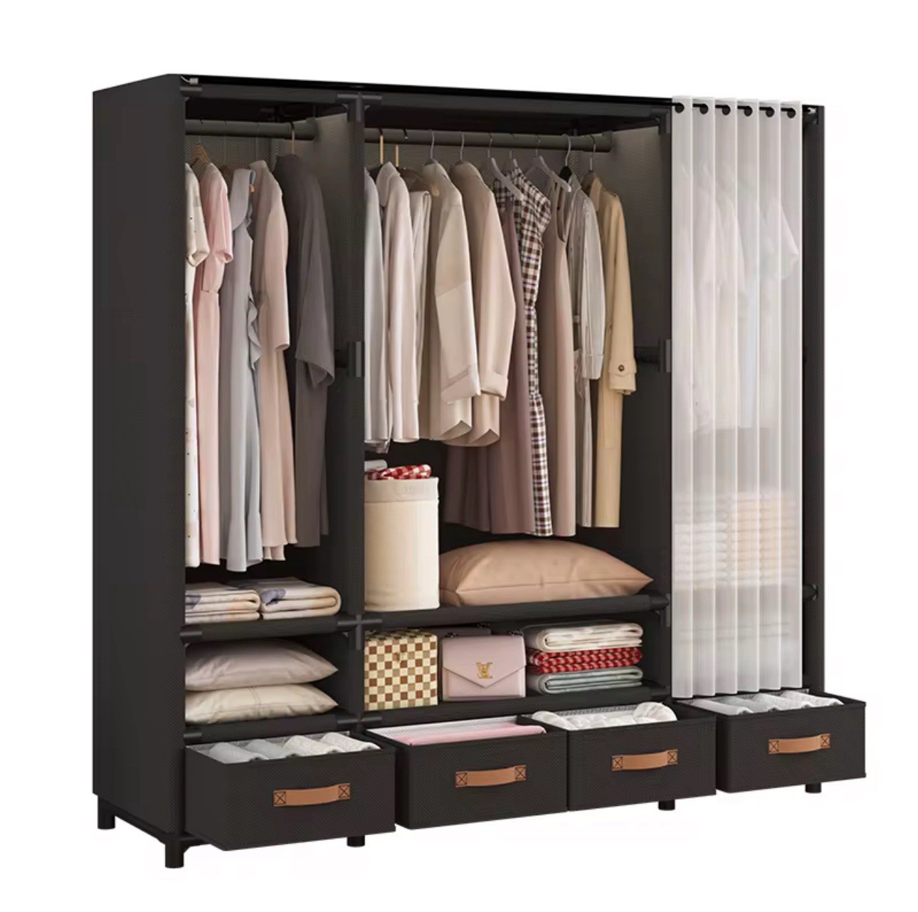 Portable Freestanding Closet Wardrobe w/ Rod, 2 Shelves, Drawers gallery