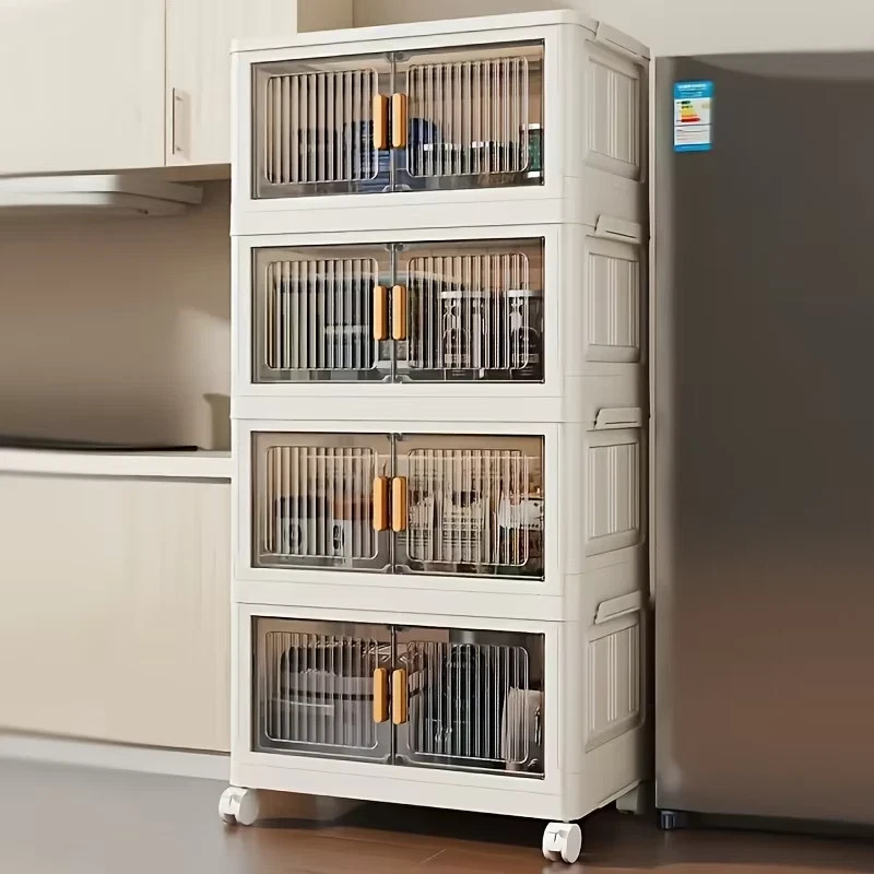 Stackable Storage Cabinet with Doors and Wheels Plastic Organizer Shelf gallery