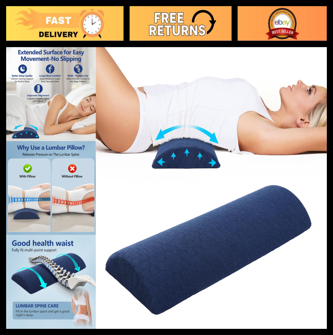 Soft Memory Foam Lumbar Pillow for Back Pain Relief - 23.6" Support Cushion, Dar gallery