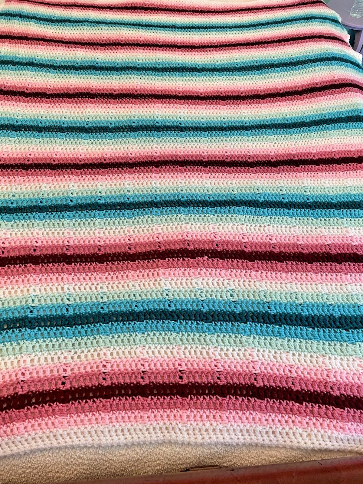 Handmade Crocheted Afghan Striped Pattern 55'x70"/Queen -Pink, teal, mint, white gallery