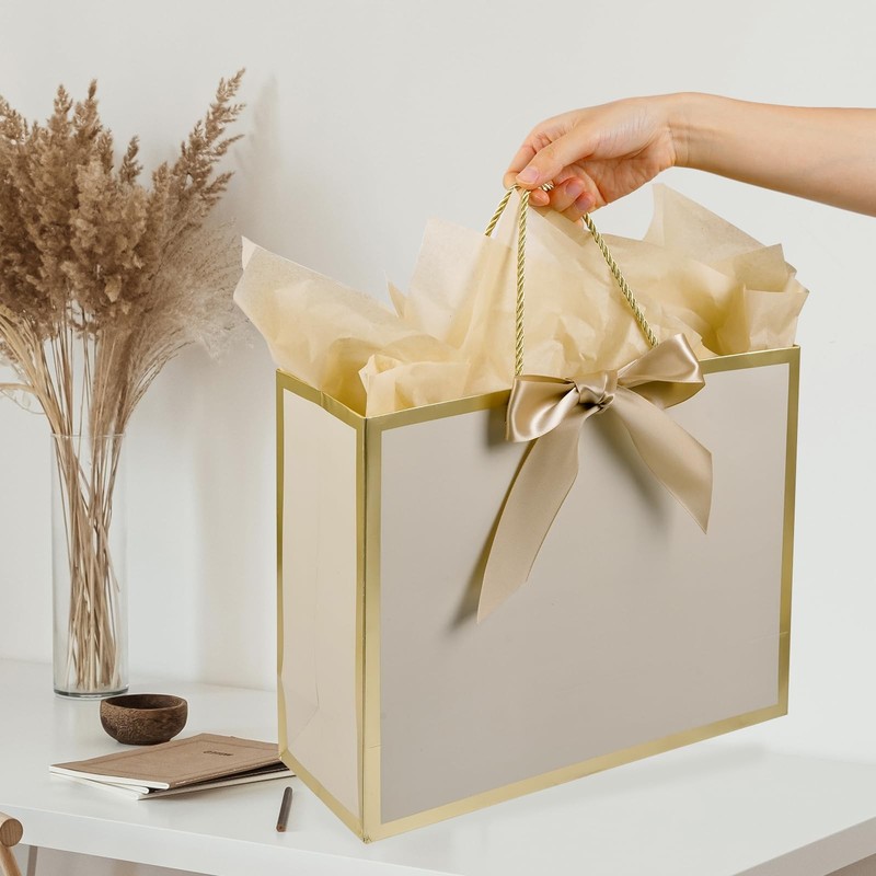 13" Medium Gift Bag with Ribbon, 1 Count (Pack of 1), A-Khaki gallery