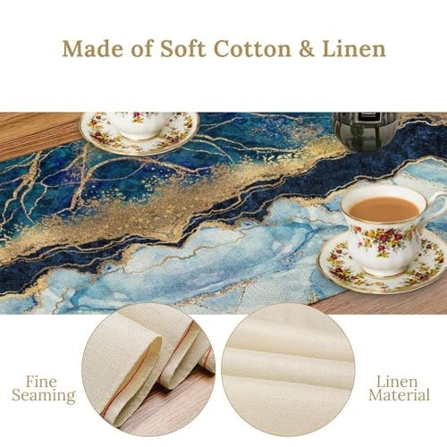 Abstract Marble Table Runner,Navy Blue Gold 13"W x 36"L (Pack of 1) Style-55 gallery