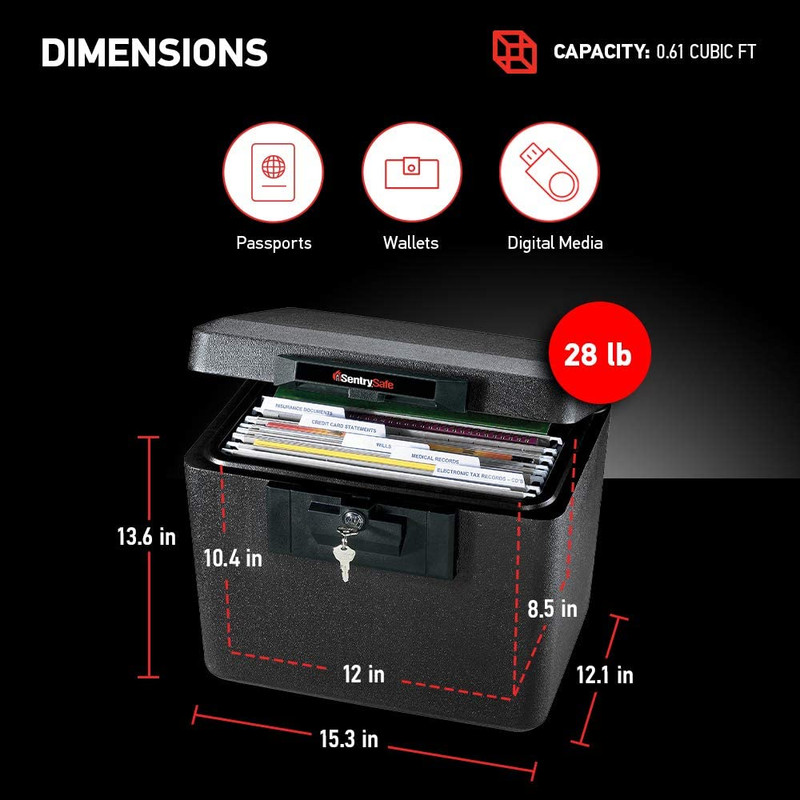 Black Fireproof Document Box with Key Lock, Safe Secures Files and Documents for gallery